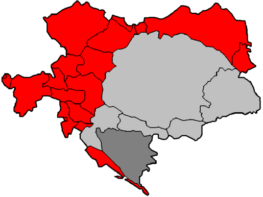 Landkarte mit Unterteilung der Gebiete der Donaumonarchie in Cisleithanien und Transleithanien