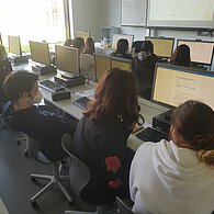 SchülerInnen sitzen in der Klasse vor den PC-Bildschirmen