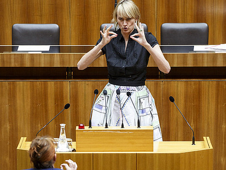 Abgeordnete Helene Jarmer dolmetscht in Gebaerdensprache im Parlament