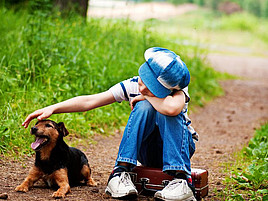 Ein Junge streichelt seinen Hund auf einem Waldweg.