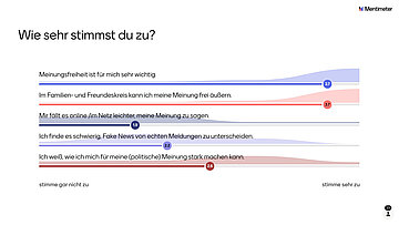 Umfrage: Wie sehr stimmst du zu? (Skala 1 bis 4;  1=stimme gar nicht zu; 4= stimme sehr zu)Meinungsfreiheit ist für mich sehr wichtig (3,7); Im Familienkreis kann ich meine Meinung frei äußern (3,7); Mir fällt es onine/im Netz leichter, meine Meinung zu sagen (1,9); Ich finde es schwierig, Fake News von echten Meldungen zu unterscheiden (2,2); N=23