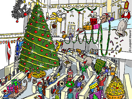 Animierte Figuren, ein Christbaum und Pakete im Redoutensaal der Hofburg