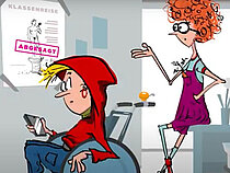 Zwei animierte Figuren diskutieren vor dem Plakat der abgesagten Klassenfahrt