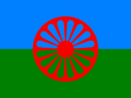 Ein blauer und ein grüner waagrechter Streifen, in der Mitte ein radförmiges Symbol