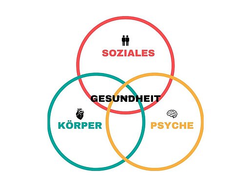 Drei Kreisdiagramme beschriftet mit "Körper", "Psyche" und "Soziales"