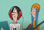 Zwei jugendliche Cartoon-Figuren stehen vor einem Mischpult 
