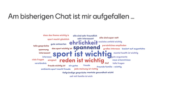 Wordcloud: Am bisherigen Chat ist mir aufgefallen ... Sport ist wichtig, Reden ist wichtig, spannend, Ehrlichkeit, u.v.m.