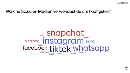 Ergebnis einer Umfrage mit Jugendlichen: Snapchat, Instagram und tiktok werden am häufigsten genutzt.