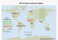 Eine Landkarte auf der eingezeichnet ist, wo und wie viele Kinder auf der Welt leben.