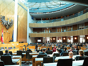 Lehrlinge sitzen im Rahmen des Lehrlinsparlaments im Nationalratssitzungssaal 