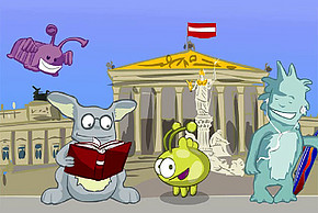 Illustration: Maskottchen vor dem Parlament