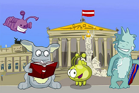 Illustration: Maskottchen vor dem Parlament