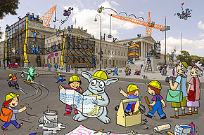 Illustration des Parlamentsgebäudes als Baustelle