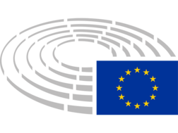 Das Logo des Europäischen Parlaments besteht aus der EU-Flagge und einem runden, mit grauen Strichen angedeuteten Sitzungssaal