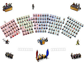Sitzplan des Nationalrats, mit kleinen Kästchen und Foto aller Abgeordneten