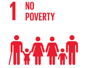 Figuren, die Kinder, Frauen und Männer darstellen, unterhalb des Schriftzuges "No Poverty"