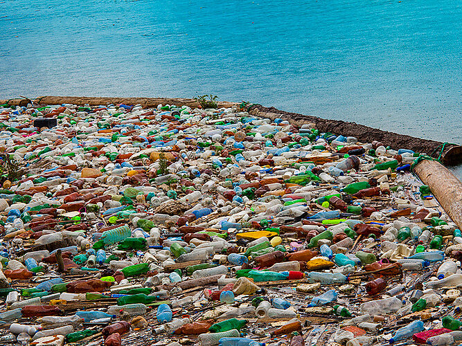 Plastikmüll gelangt durch falsche Entsorgung, Überschwemmung und Verwehung in Gewässer