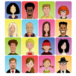 16 Comicfiguren mit unterschiedlichen Hautfarben, verschiedenen Frisuren, unterschiedlichen Alters, Männer und Frauen