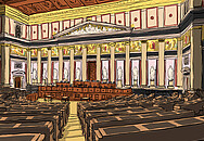Der historische Sitzungssaal im Parlament, von hinten fotografiert und nachgezeichnet 