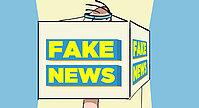 Animationsfigur mit einem Schild mit der Aufschrift "Fake News" vor dem Kopf
