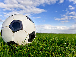 Ein Fußball liegt in der Wiese unter einem leicht bewölkten Himmel.