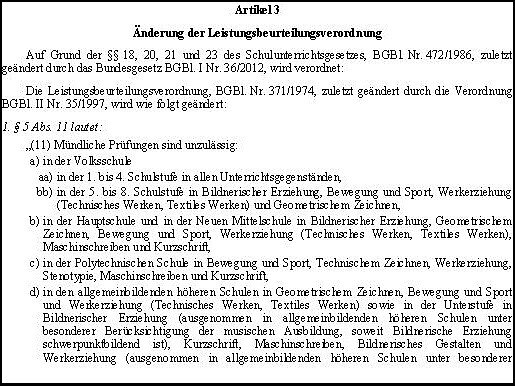 Auszug aus Gesetzestext über die Leistungsbeurteilung in den Neuen Mittelschulen aus dem Jahr 2012 © Bundeskanzleramt