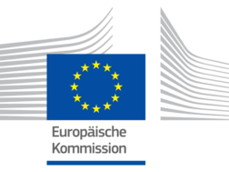 Das Logo der Europäischen Kommission besteht aus einer EU-Flagge und zwei in die Mitte aufragenden, mit grauen Strichen angedeuteten Gebäudehälften