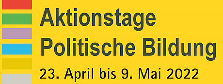 Logo der Aktionstage Politischer Bildung, schwarze Schrift auf gelbem Hintergrund; links farbige Balken