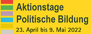 Logo der Aktionstage Politischer Bildung, schwarze Schrift auf gelbem Hintergrund; links farbige Balken