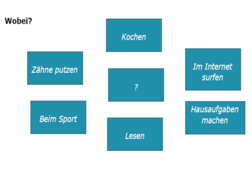 Kreisförmige Anordnung; Wobei? (Kochen, im Internet surfen, Hausaufgaben machen, Lesen, beim Sport, Zähne putzen)