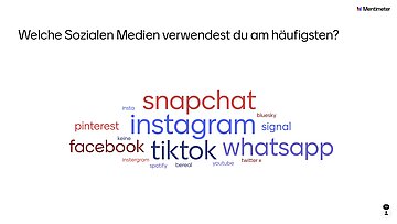 Umfrage: Welche Sozialen Medien verwendest du am häufigsten? Instagram 14, Snapchat 12, Tik Tok 12, WhatsApp 10, Facebook 4