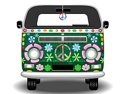 VW Bus mit bunter Hippie Bemalung