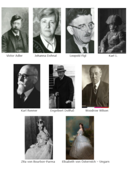 Bilder von Menschen, die zwischen der Monarchie und der Zweiten Republik lebten;  Victor Adler, Johanna Dohnal, Leopold Figl, Karl I., Karl Renner, Engelbert Dollfuß, Woodrow Wilson, Zita von Bourbon-Parma, Elisabeth von Österreich 