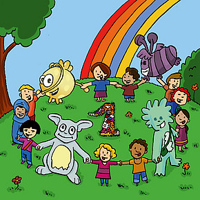 Illustration: Recht auf Gleichbehandlung; Maskottchen mit unterschiedlichen Kindern im Kreis