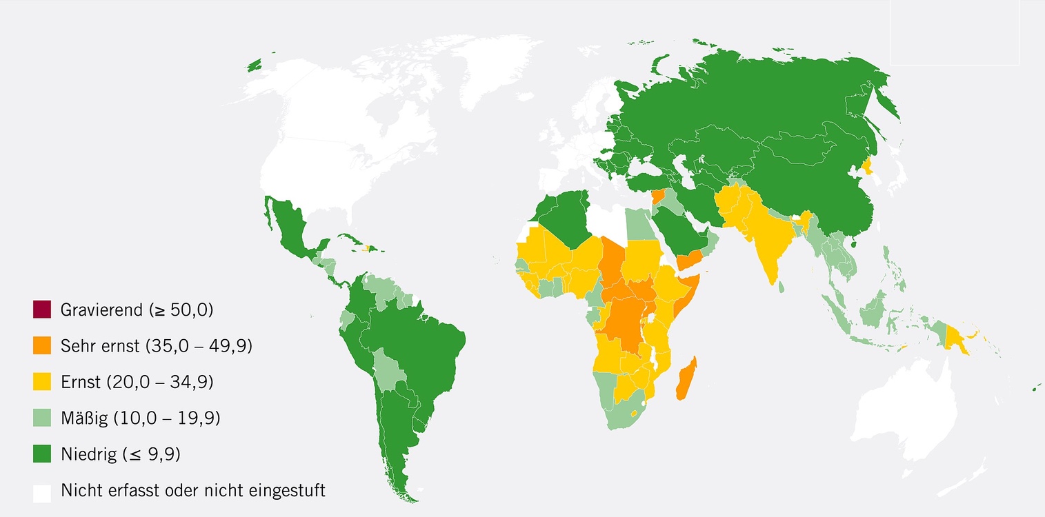 Weltkarte mit eingefärbten Ländern, farblich abgestuft je nach Anteil an Hunger leidenen Personen.